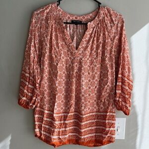 Anne Carson 3/4 Sleeve Blouse Top Women's Size S Orange White Floral V-Neck